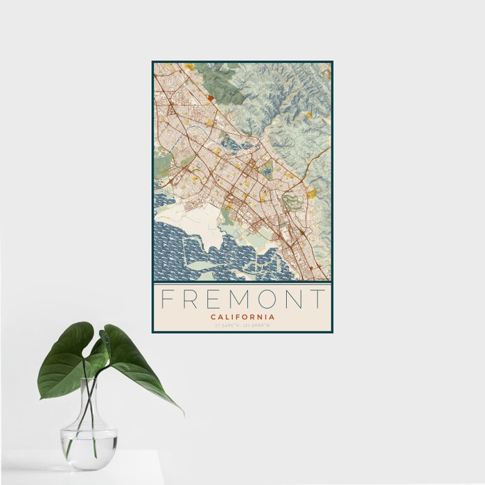 16x24 Fremont California Map Print Portrait Orientation in Woodblock Style With Tropical Plant Leaves in Water