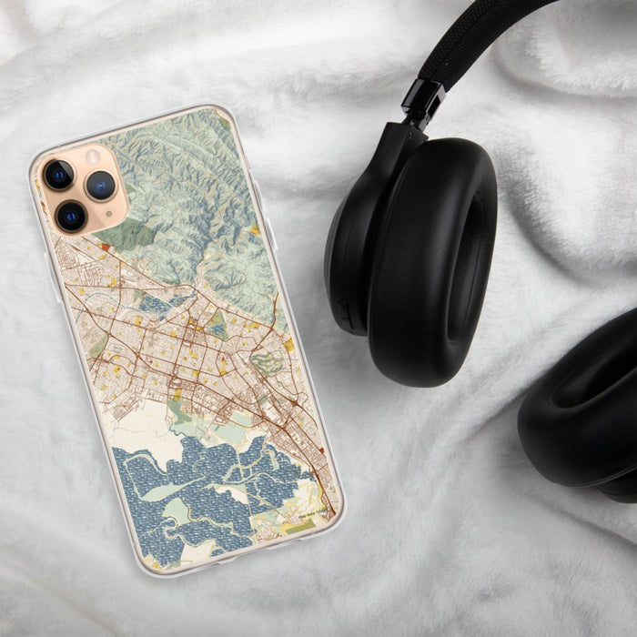 Custom Fremont California Map Phone Case in Woodblock on Table with Black Headphones