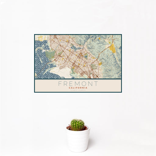 12x18 Fremont California Map Print Landscape Orientation in Woodblock Style With Small Cactus Plant in White Planter
