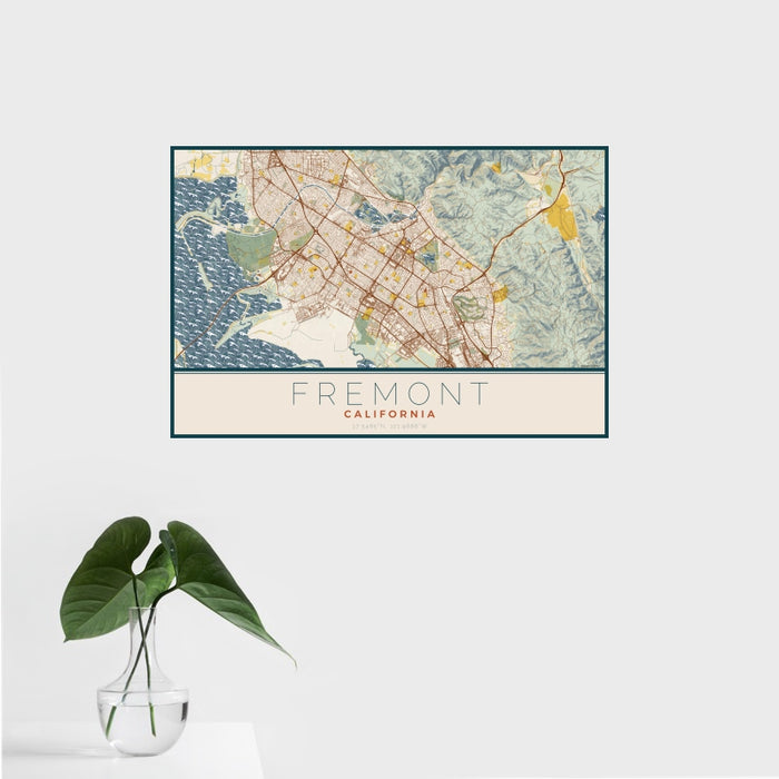 16x24 Fremont California Map Print Landscape Orientation in Woodblock Style With Tropical Plant Leaves in Water