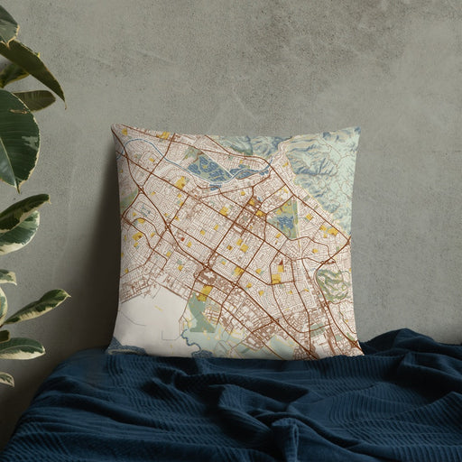 Custom Fremont California Map Throw Pillow in Woodblock on Bedding Against Wall