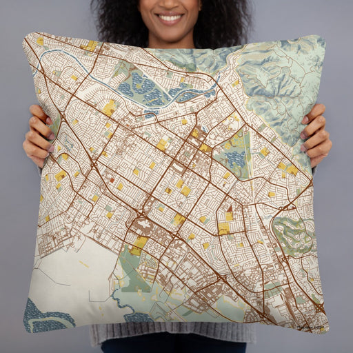 Person holding 22x22 Custom Fremont California Map Throw Pillow in Woodblock