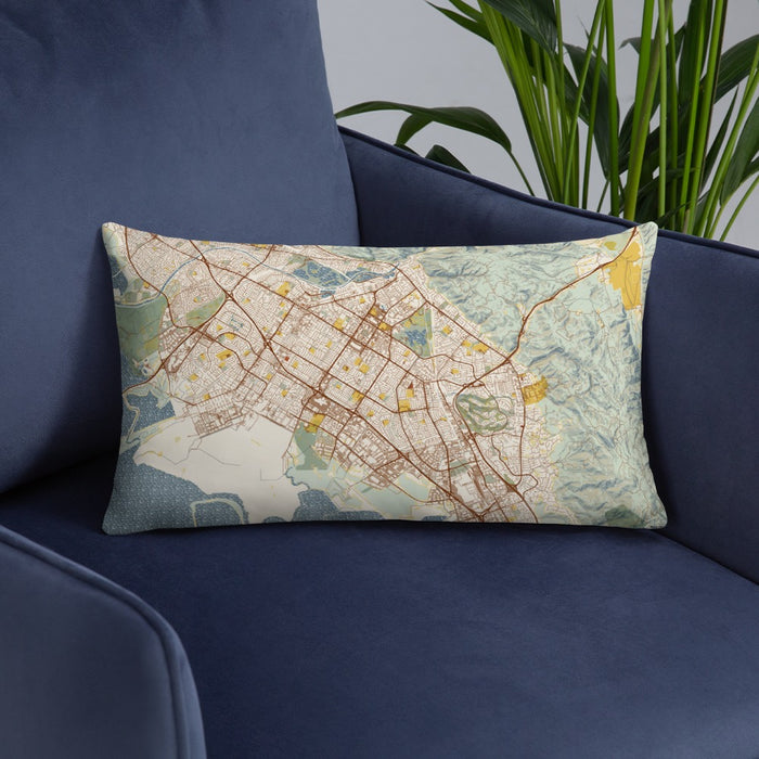 Custom Fremont California Map Throw Pillow in Woodblock on Blue Colored Chair