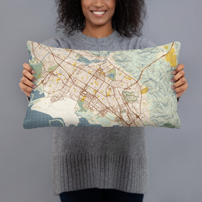Person holding 20x12 Custom Fremont California Map Throw Pillow in Woodblock