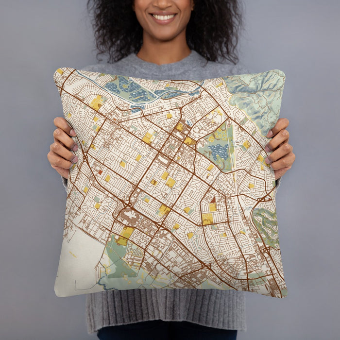 Person holding 18x18 Custom Fremont California Map Throw Pillow in Woodblock