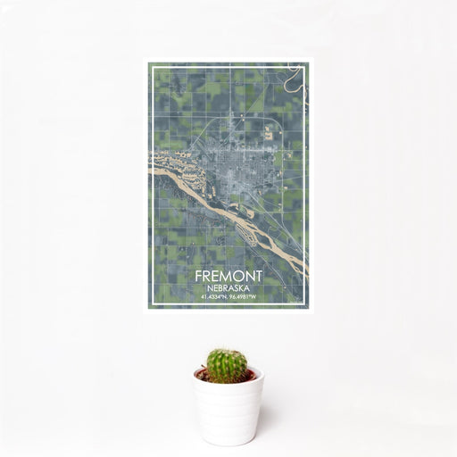 12x18 Fremont Nebraska Map Print Portrait Orientation in Afternoon Style With Small Cactus Plant in White Planter
