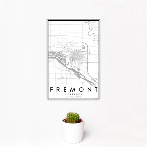 12x18 Fremont Nebraska Map Print Portrait Orientation in Classic Style With Small Cactus Plant in White Planter
