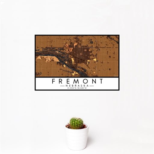 12x18 Fremont Nebraska Map Print Landscape Orientation in Ember Style With Small Cactus Plant in White Planter