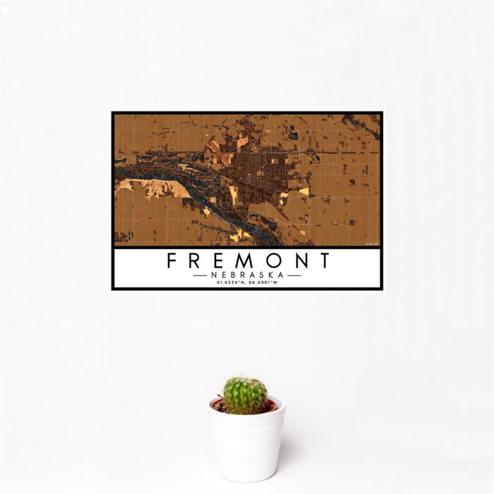 12x18 Fremont Nebraska Map Print Landscape Orientation in Ember Style With Small Cactus Plant in White Planter
