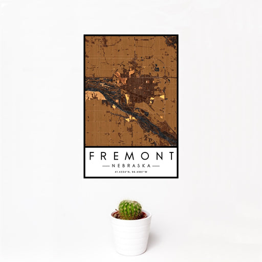 12x18 Fremont Nebraska Map Print Portrait Orientation in Ember Style With Small Cactus Plant in White Planter