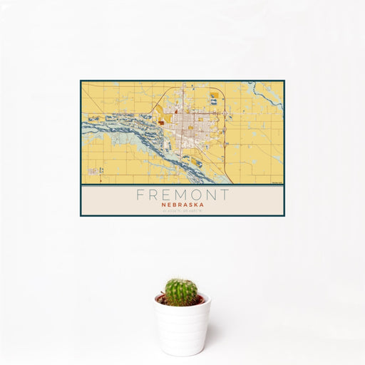 12x18 Fremont Nebraska Map Print Landscape Orientation in Woodblock Style With Small Cactus Plant in White Planter