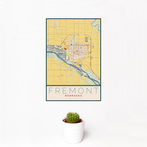 12x18 Fremont Nebraska Map Print Portrait Orientation in Woodblock Style With Small Cactus Plant in White Planter