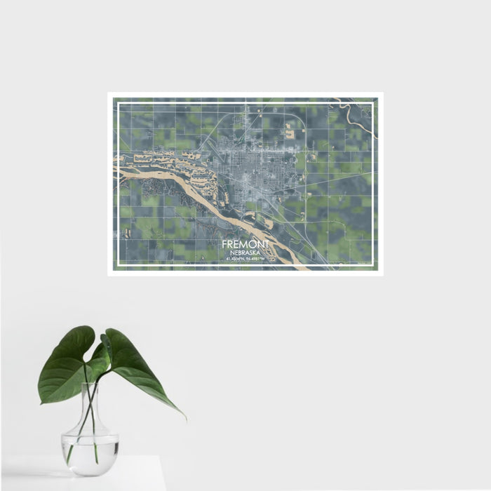 16x24 Fremont Nebraska Map Print Landscape Orientation in Afternoon Style With Tropical Plant Leaves in Water