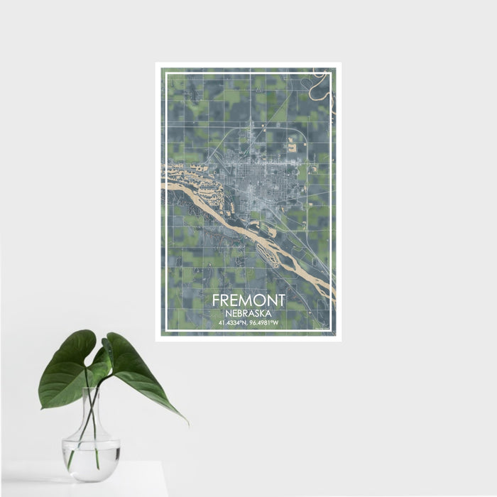 16x24 Fremont Nebraska Map Print Portrait Orientation in Afternoon Style With Tropical Plant Leaves in Water