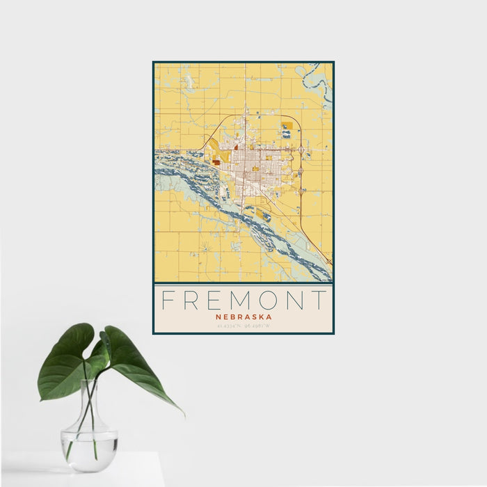 16x24 Fremont Nebraska Map Print Portrait Orientation in Woodblock Style With Tropical Plant Leaves in Water