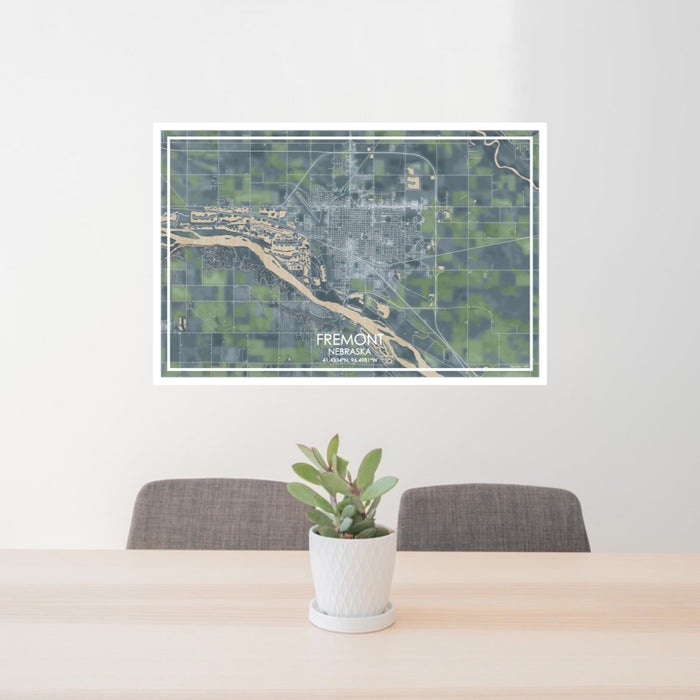 24x36 Fremont Nebraska Map Print Lanscape Orientation in Afternoon Style Behind 2 Chairs Table and Potted Plant