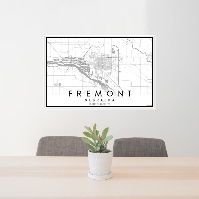 24x36 Fremont Nebraska Map Print Lanscape Orientation in Classic Style Behind 2 Chairs Table and Potted Plant