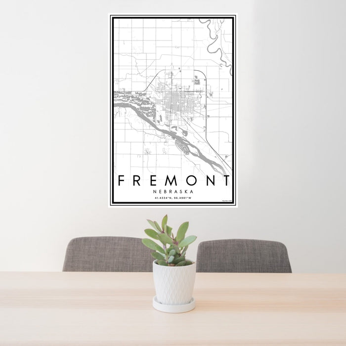 24x36 Fremont Nebraska Map Print Portrait Orientation in Classic Style Behind 2 Chairs Table and Potted Plant