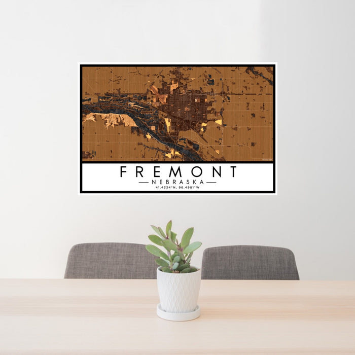 24x36 Fremont Nebraska Map Print Lanscape Orientation in Ember Style Behind 2 Chairs Table and Potted Plant