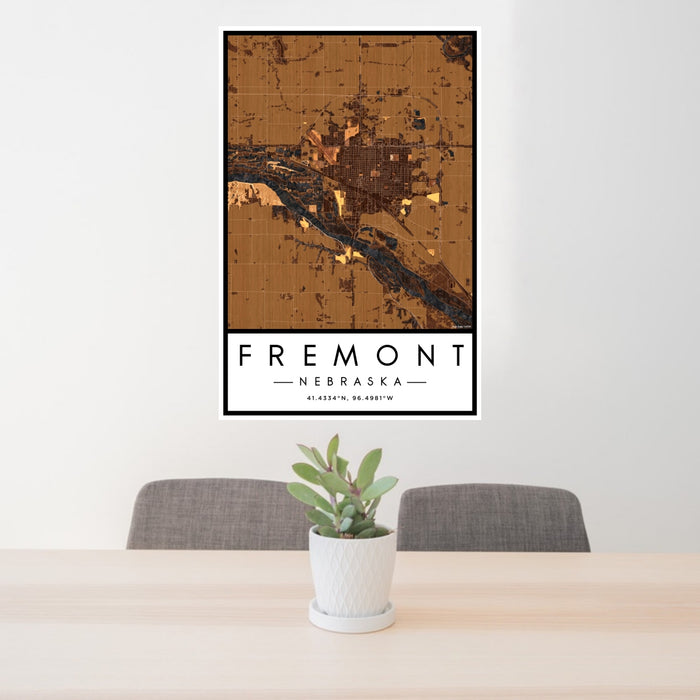 24x36 Fremont Nebraska Map Print Portrait Orientation in Ember Style Behind 2 Chairs Table and Potted Plant