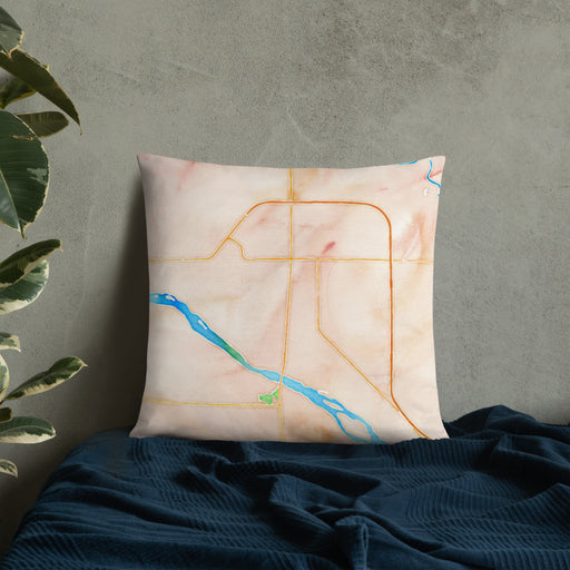 Custom Fremont Nebraska Map Throw Pillow in Watercolor on Bedding Against Wall