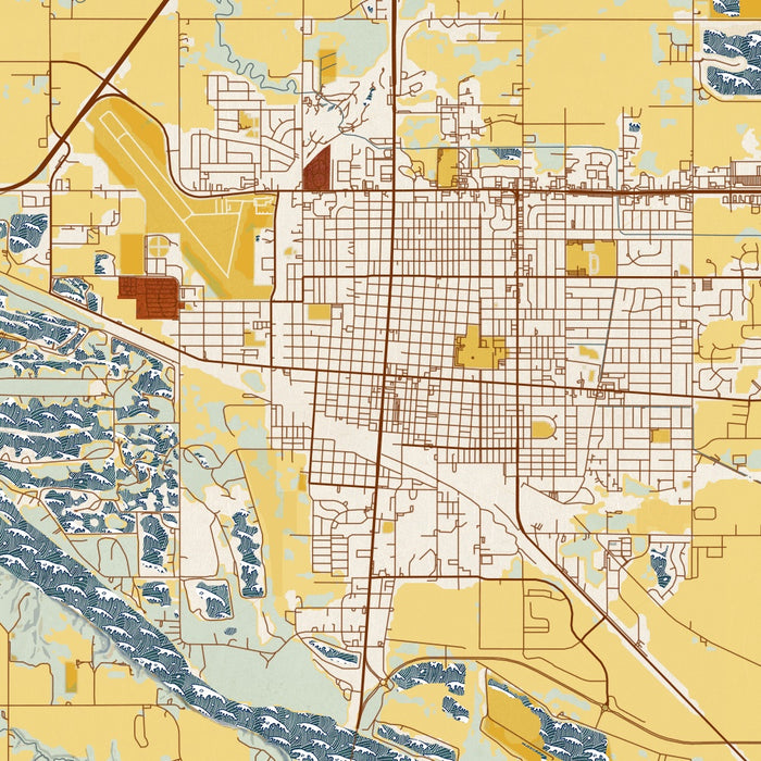 Fremont Nebraska Map Print in Woodblock Style Zoomed In Close Up Showing Details