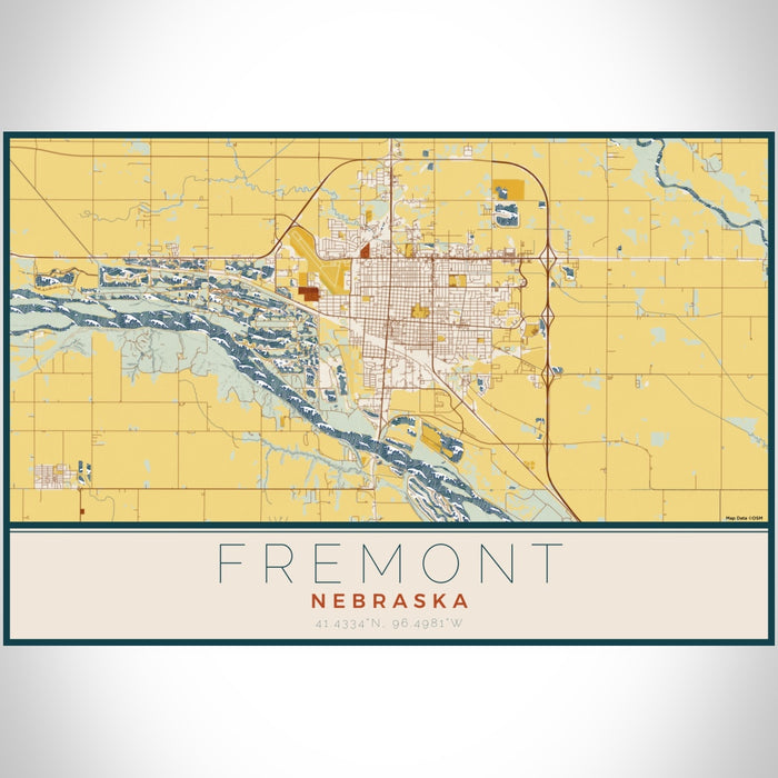 Fremont Nebraska Map Print Landscape Orientation in Woodblock Style With Shaded Background