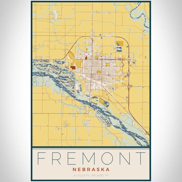 Fremont Nebraska Map Print Portrait Orientation in Woodblock Style With Shaded Background