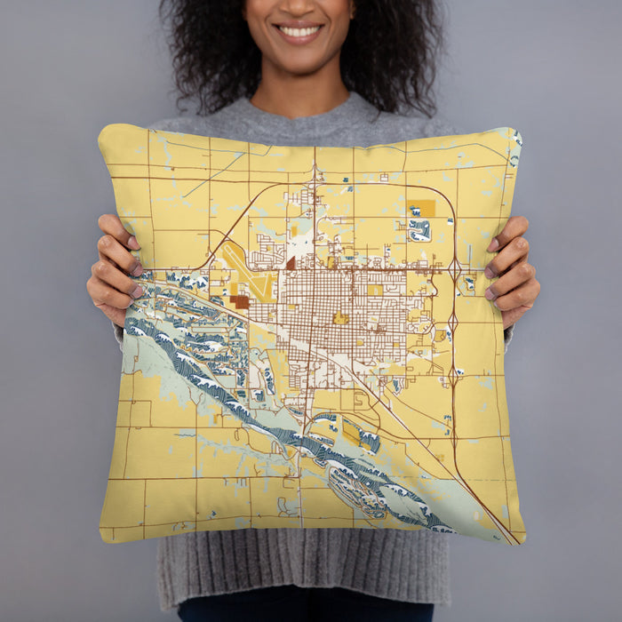 Person holding 18x18 Custom Fremont Nebraska Map Throw Pillow in Woodblock