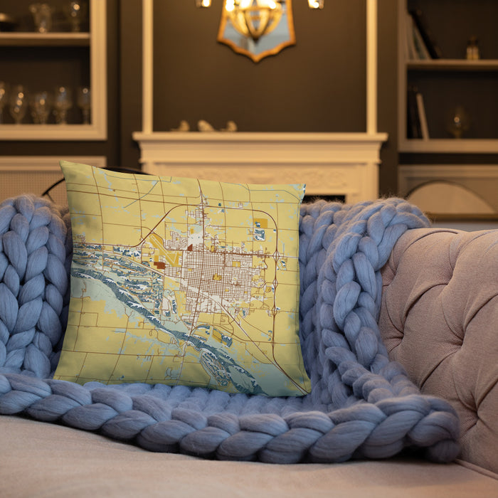 Custom Fremont Nebraska Map Throw Pillow in Woodblock on Cream Colored Couch