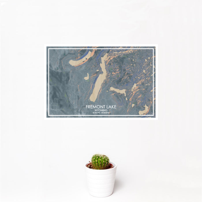 12x18 Fremont Lake Wyoming Map Print Landscape Orientation in Afternoon Style With Small Cactus Plant in White Planter