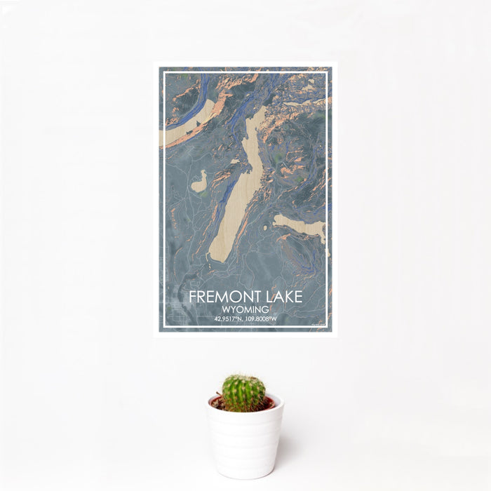 12x18 Fremont Lake Wyoming Map Print Portrait Orientation in Afternoon Style With Small Cactus Plant in White Planter