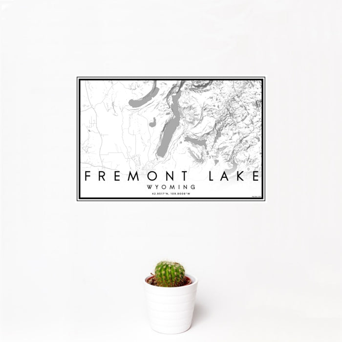 12x18 Fremont Lake Wyoming Map Print Landscape Orientation in Classic Style With Small Cactus Plant in White Planter