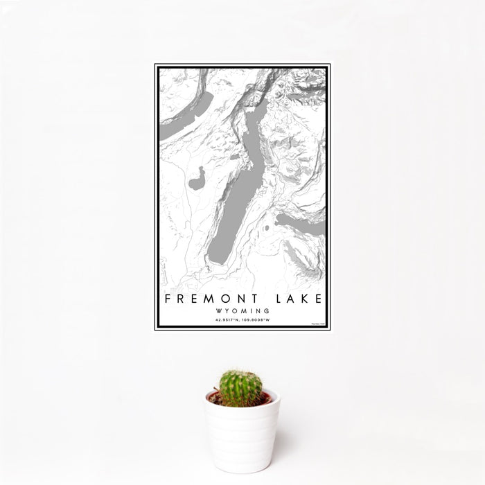 12x18 Fremont Lake Wyoming Map Print Portrait Orientation in Classic Style With Small Cactus Plant in White Planter