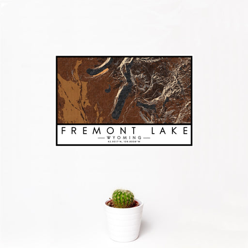 12x18 Fremont Lake Wyoming Map Print Landscape Orientation in Ember Style With Small Cactus Plant in White Planter
