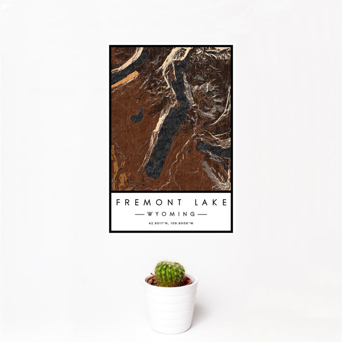 12x18 Fremont Lake Wyoming Map Print Portrait Orientation in Ember Style With Small Cactus Plant in White Planter