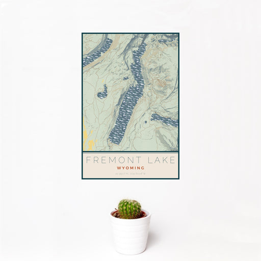 12x18 Fremont Lake Wyoming Map Print Portrait Orientation in Woodblock Style With Small Cactus Plant in White Planter