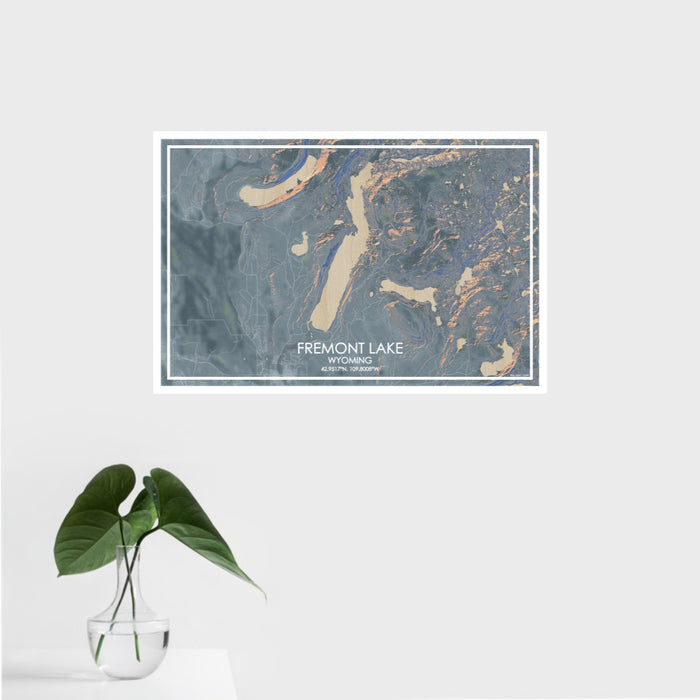 16x24 Fremont Lake Wyoming Map Print Landscape Orientation in Afternoon Style With Tropical Plant Leaves in Water