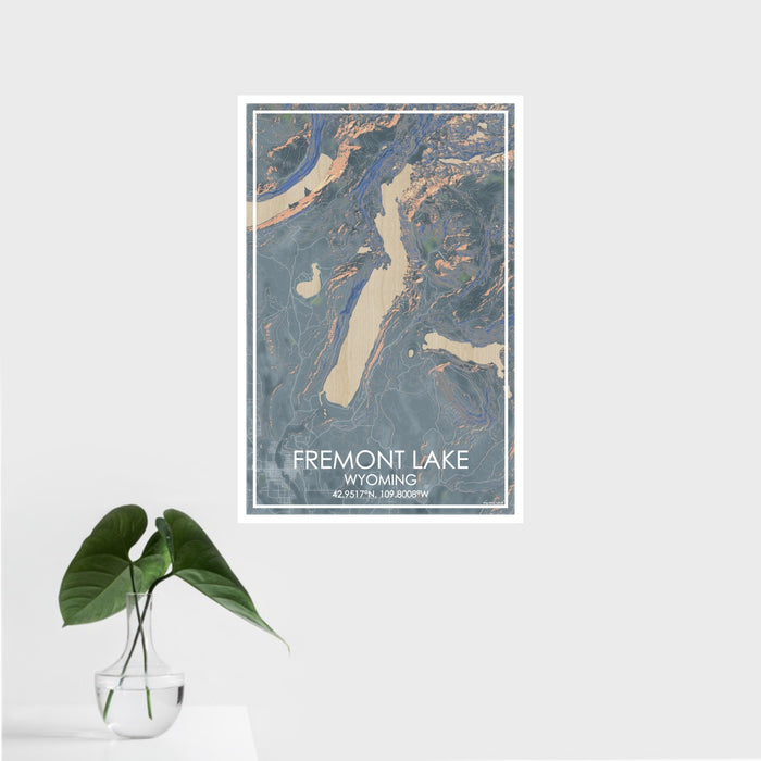 16x24 Fremont Lake Wyoming Map Print Portrait Orientation in Afternoon Style With Tropical Plant Leaves in Water