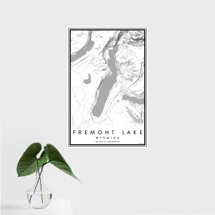 16x24 Fremont Lake Wyoming Map Print Portrait Orientation in Classic Style With Tropical Plant Leaves in Water