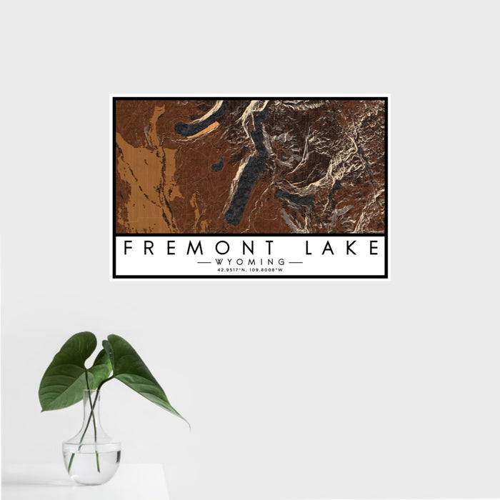 16x24 Fremont Lake Wyoming Map Print Landscape Orientation in Ember Style With Tropical Plant Leaves in Water