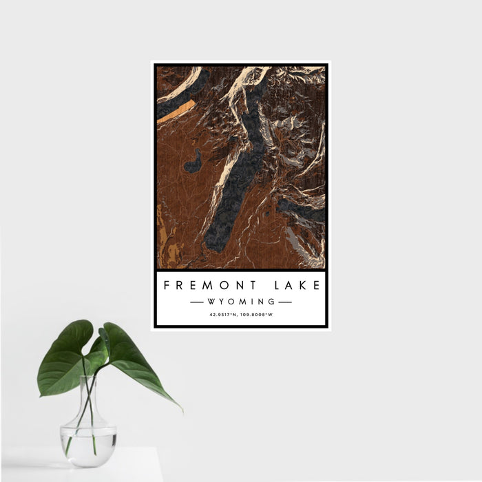 16x24 Fremont Lake Wyoming Map Print Portrait Orientation in Ember Style With Tropical Plant Leaves in Water