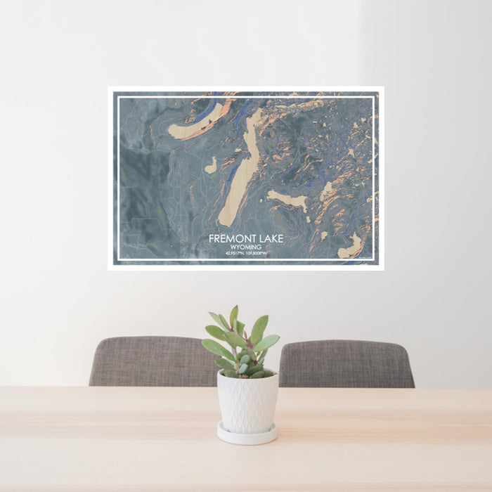 24x36 Fremont Lake Wyoming Map Print Lanscape Orientation in Afternoon Style Behind 2 Chairs Table and Potted Plant