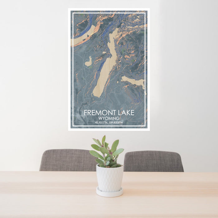 24x36 Fremont Lake Wyoming Map Print Portrait Orientation in Afternoon Style Behind 2 Chairs Table and Potted Plant