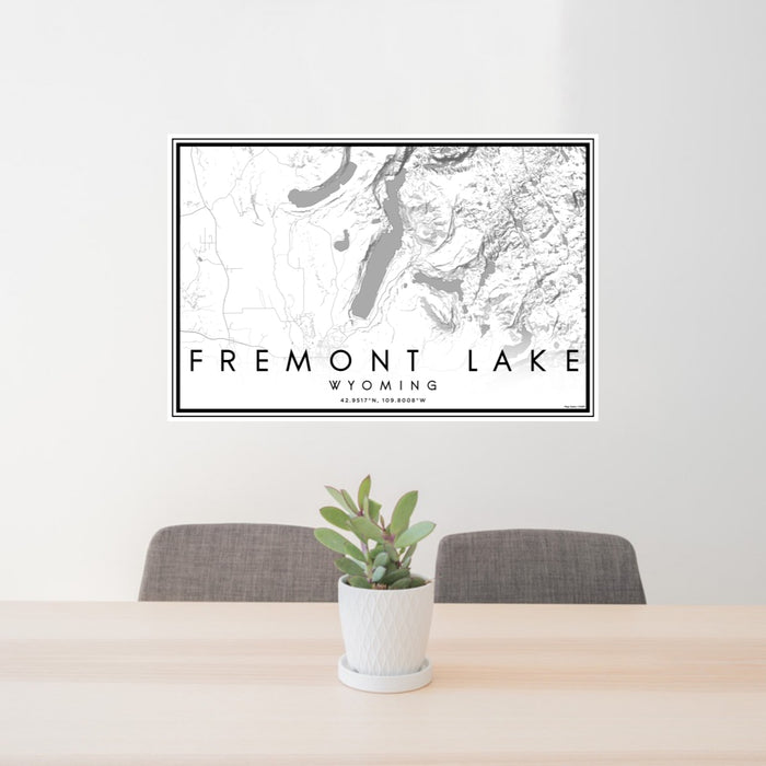 24x36 Fremont Lake Wyoming Map Print Lanscape Orientation in Classic Style Behind 2 Chairs Table and Potted Plant