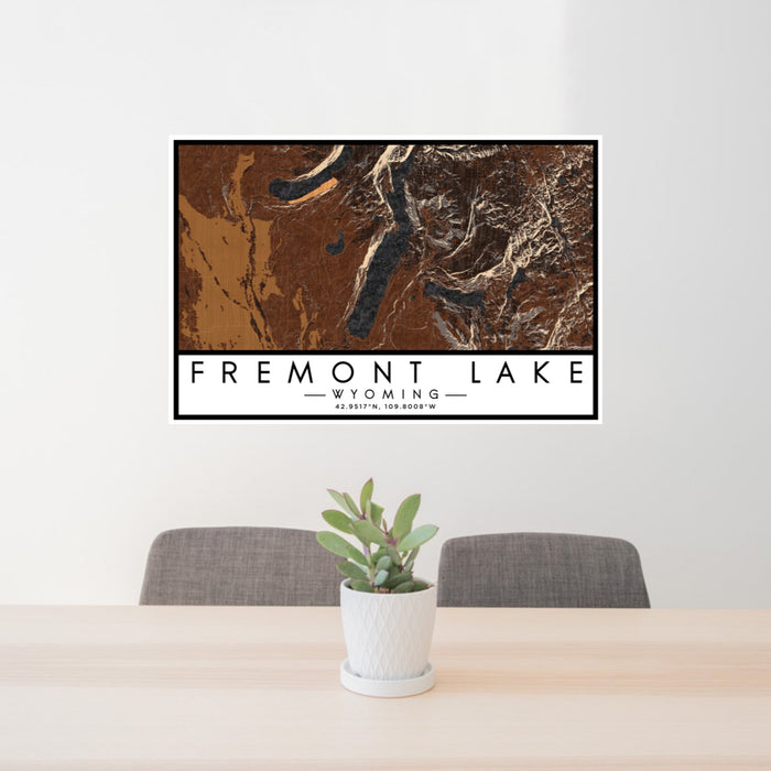 24x36 Fremont Lake Wyoming Map Print Lanscape Orientation in Ember Style Behind 2 Chairs Table and Potted Plant