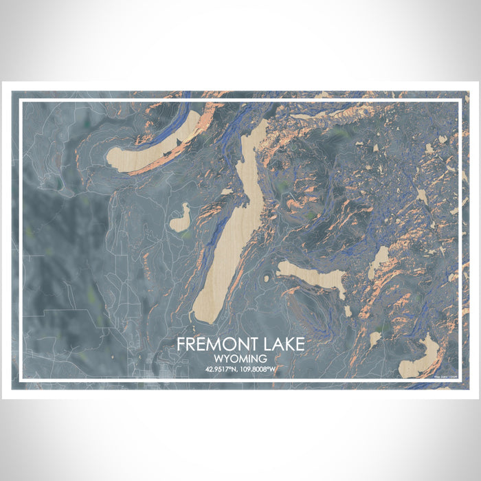 Fremont Lake Wyoming Map Print Landscape Orientation in Afternoon Style With Shaded Background