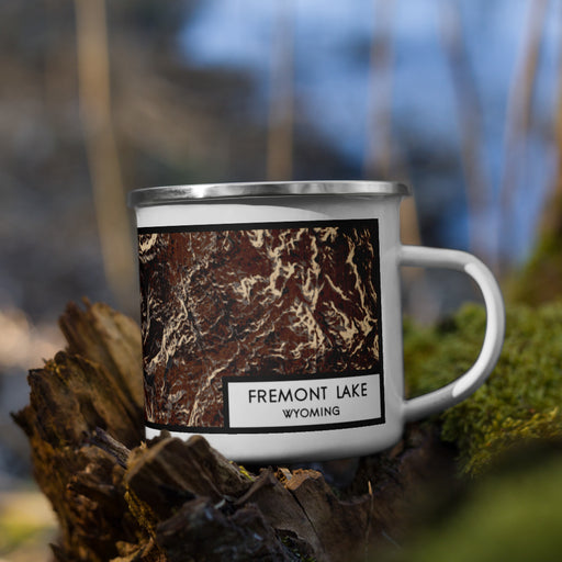 Right View Custom Fremont Lake Wyoming Map Enamel Mug in Ember on Grass With Trees in Background
