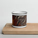 Front View Custom Fremont Lake Wyoming Map Enamel Mug in Ember on Cutting Board