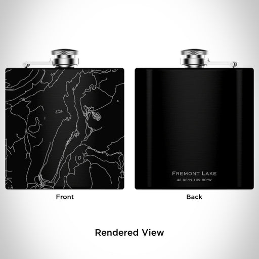 Rendered View of Fremont Lake Wyoming Map Engraving on 6oz Stainless Steel Flask in Black